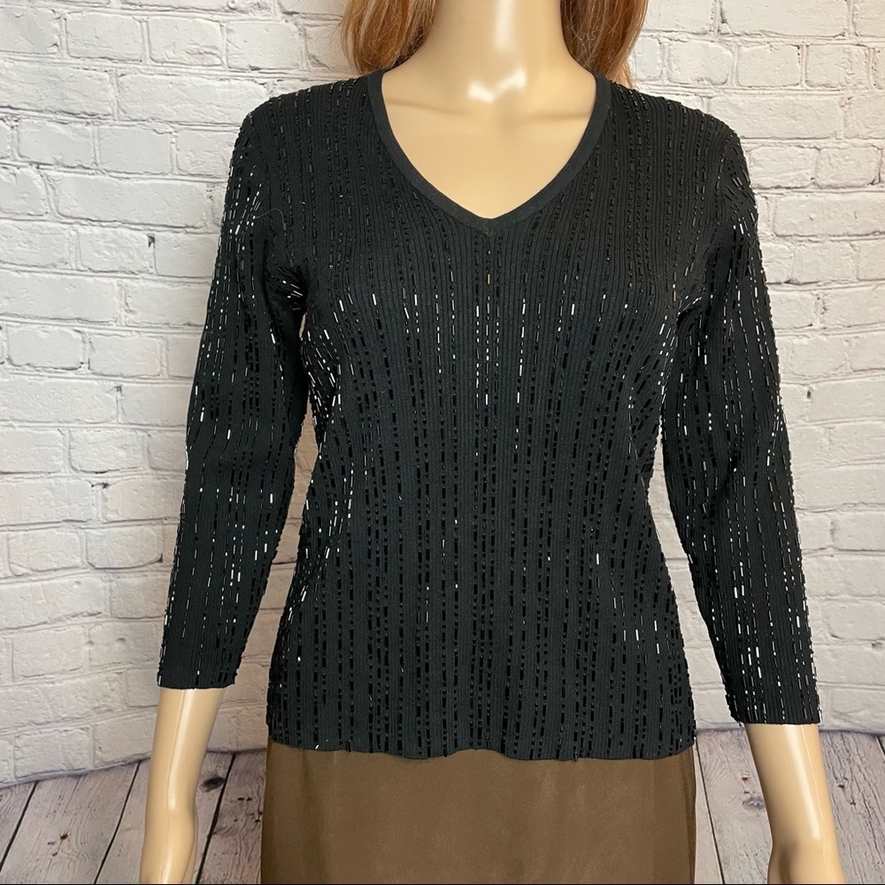 City Silk V-neck 3/4 Sleeve Beaded Black Sweater Size L